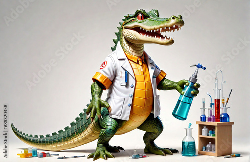 anthropomorphic caricature Crocodile wearing a chemistry clothing with chemical tools 