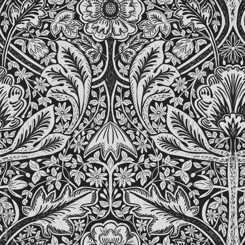 Seamless pattern, ornament with gravitate and woodlice plant in black and white graphics in the style of Morris. Large format. Digital illustration. Suitable for interior decoration, wallpaper, fabric