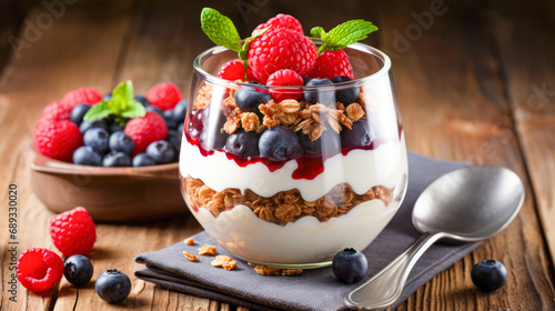 Greek yogurt parfait with fresh berries and granola in glass