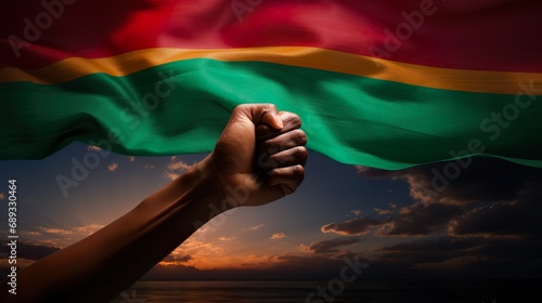 a person's hand with african flag black history month fist symbol