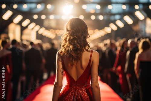 back view of a woman in a red dress walking up the red carpet