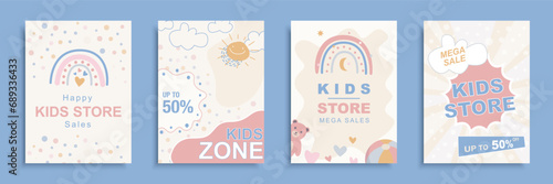 Kids store sale cover brochure set in flat design. Poster templates with discount promotion and special offer cards with cute hand drawn rainbows for clearance in children shop. Vector illustration.
