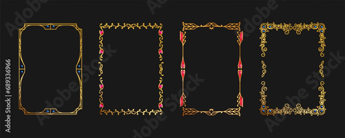 Engraved gold frame inlaid with jewelry stones. Isolated vector set of frames. A4 format golden frame template. For advertising, diploma, certificate, wedding, cover, booklet. Vector illustration.