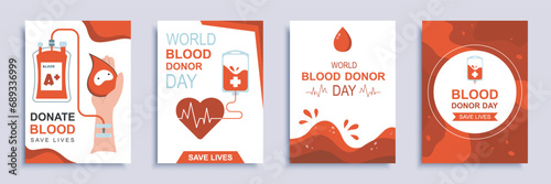 Donate blood and save lives cover brochure set in flat design. Poster templates with drops, dropper and hand, heart with heartbeats, other symbols of donation and blood donor day. Vector illustration.