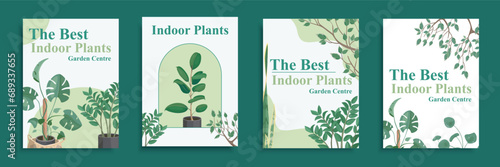 Indoor plants cover brochure set in flat design. Poster templates with house potted greenery, monstera, ficus, fern and other urban jungle elements for home or office interior. Vector illustration