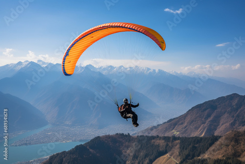 paraglider in the sky, paraglider in the mountains, paragliding in the mountains, Paraglider soaring above rugged mountain landscapes 