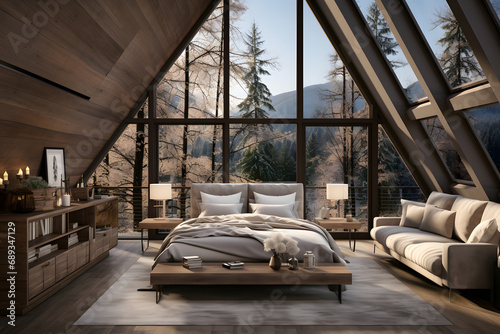 Interior of cozy montain chalet bedroom with large bed and big window. ai generated