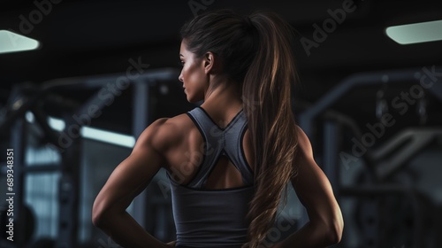 Image of a fitness woman focusing on biceps and back training in the gym.