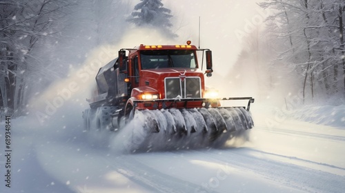 Image of a snow plow in action, diligently clearing a road after a winter snowstorm.