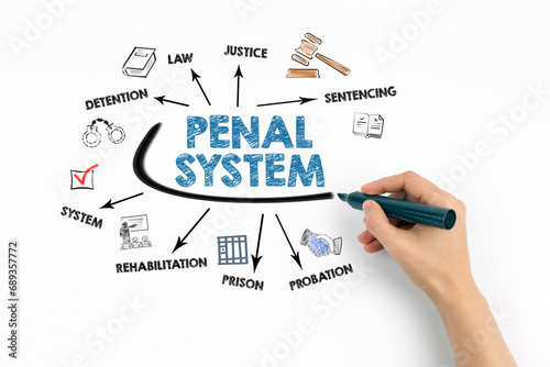 Penal System Concept. Chart with keywords and icons on white background