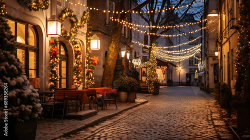 Christmas in a small European town cobblestone streets fairy lights --ar 16:9 --v 5.2 --style raw