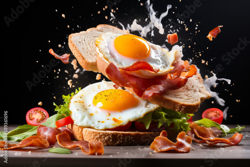 Fried eggs in zero gravity with toasted bread and flying bacon and drops of butter circling around. Concept on the theme of a protein-rich breakfast.