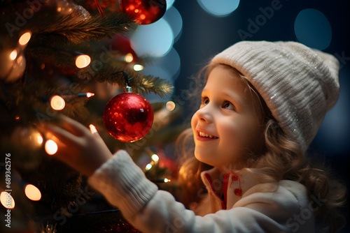 Happy girl smiling and touching a Christmas tree. AI generated image.