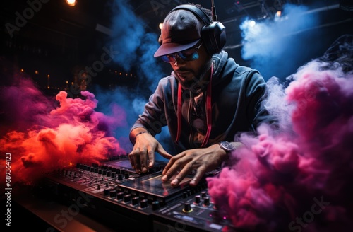dj man performing a mix at the venue lighting up smoke
