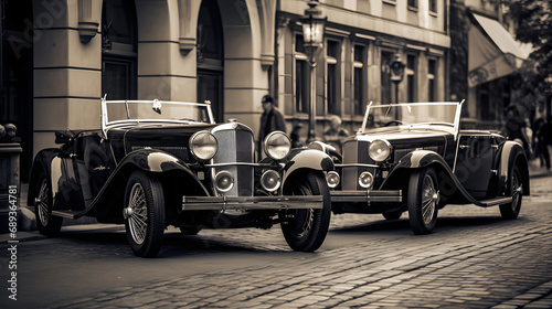 Elegant 1930s roadsters on a cobblestone street black and white photography style --ar 16:9 --v 5.2 --style raw