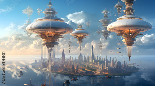 Floating city above the clouds high-tech zeppelins aerial parks sky bridges --ar 16:9 --v 5.2 --style raw