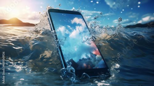 Waterproof smartphone in the ocean.Showing that smartphone resistant to the water.Mobile phone of last generation