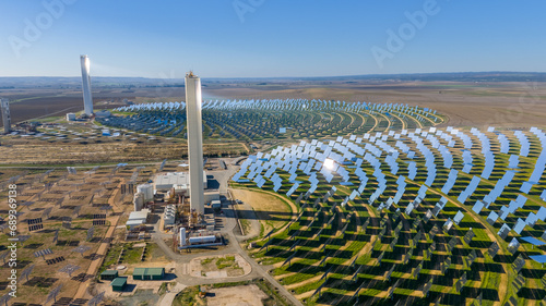 A concentrating solar power tower plant operating near Sevilla, Andalusia, Spain