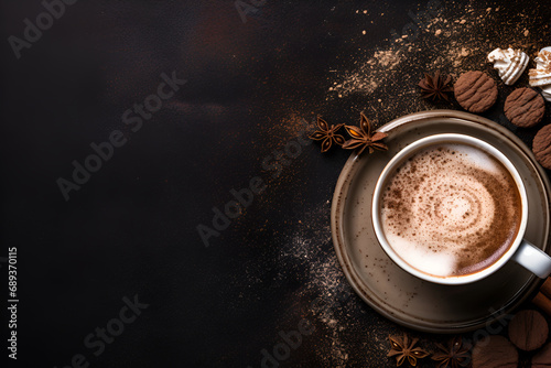 Hot chocolate in a mug, cinnamon sticks and fir cones, top view, flat lay generated AI