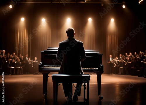 artist playing piano on stage, back view