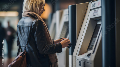 Une femme qui utilise un distributeur automatique de billets (DAB) dans un lieu public.