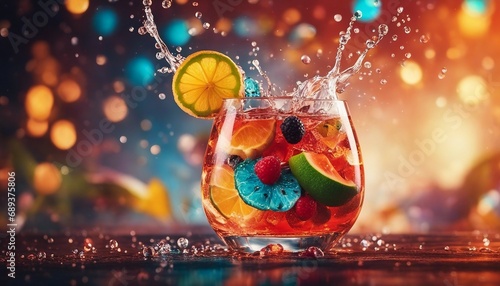 colorful tropical cocktail, exploding ingredients