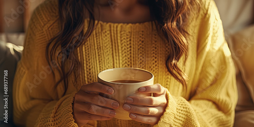 mujer sosteniendo una taza de café entre sus manos, sobre fondo de salón desenfocado