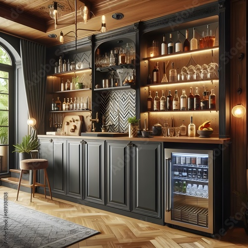 A stylish home bar with a liquor cabinet.Cozy kitchen with a bar and wine cooler. Creating a warm and inviting atmosphere. The bar is made of wood and has a glass door, showcasing the bottles inside. 