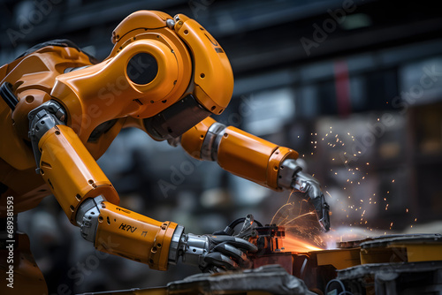 Futuristic robot worker welding materials with precision using its robotic hands inside a construction site. 