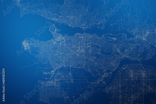 Stylized map of the streets of Vancouver (Canada) made with white lines on abstract blue background lit by two lights. Top view. 3d render, illustration
