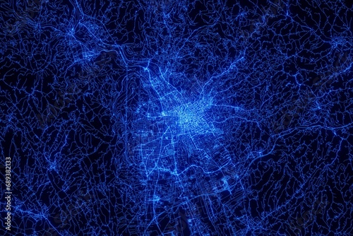 Street map of Graz (Austria) made with blue illumination and glow effect. Top view on roads network