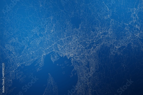 Stylized map of the streets of Oslo (Norway) made with white lines on abstract blue background lit by two lights. Top view. 3d render, illustration