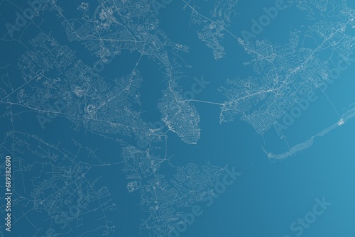 Map of the streets of Charleston (South Carolina, USA) made with white lines on blue paper. Rough background. 3d render, illustration