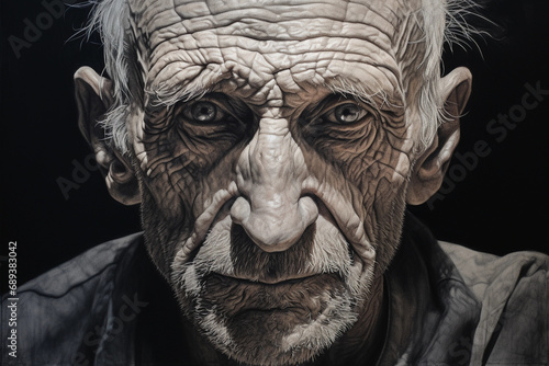 charcoal sketch of an elderly man with deep-set eyes, defined cheekbones, and a weathered expression
