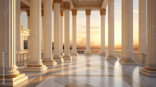 classical columns during the golden hour, allowing the warm sunlight to highlight the texture of the white marble,