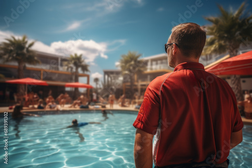 A lifeguard on duty, vigilantly watching over a crowded pool area. Concept of water safety. Generative Ai.