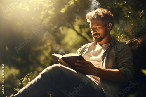 A bearded gentleman sits on a sunny grassy expanse, indulging in a book, appreciating the harmony of literature and the natural world