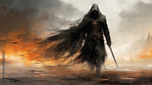 Warrior, wearing a torn leather armor, holding a sword, on a battlefield, with a hood hiding his face
