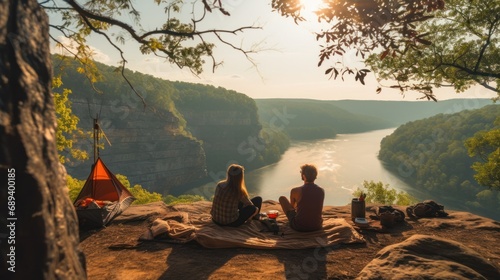 A couple enjoying their outdoor adventure at a picturesque Tennessee campsite perched on a cliff overlooking a river gorge.