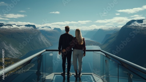 A couple enjoying the breathtaking view of Geirangertown from Europe's highest fjord viewpoint on the Skywalk, 1500 meters above sea level.