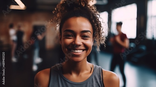 Young woman smiling at the camera while standing in a yoga studio. Having a workout session with her class in a fitness studio. Sport concept. Fitness concept. Health concept. People concept.