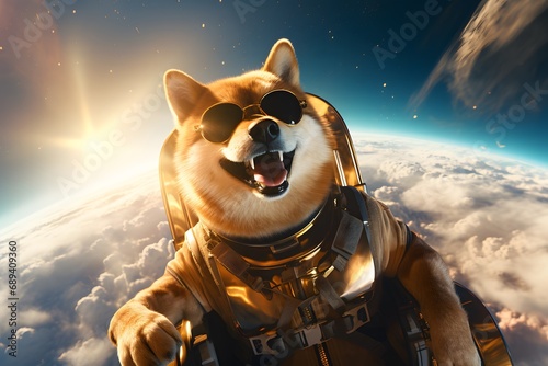 Smiling dogecoin doge flying high with jetpack in futuristic scene --ar 3:2 --s 250