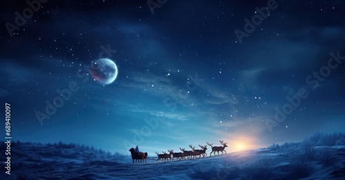 Santa Claus, expansive winter sky, gracefully guiding his sleigh pulled by six reindeer