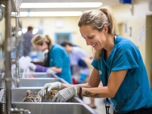 Volunteers at the animal shelter provide care and assistance.