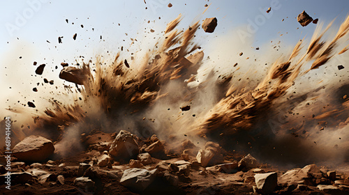flying debris with dust, rocks and explosives