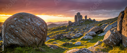 Epic landscape with weathered boulders and trail at sunset. Natural background, nature landscape wallpaper, banner. Created using generative AI tools