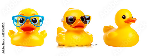 Funny rubber ducks over isolated transparent background