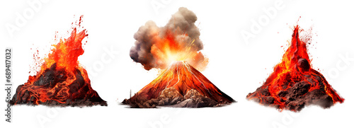 Set of different volcanos with eruption, spitting lava on the air. Isolated transparent background