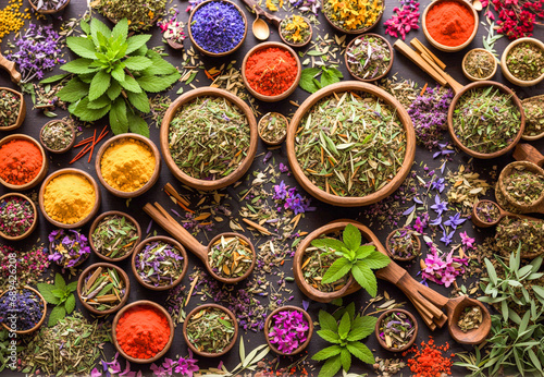 Holistic therapy and treatment with alternative medicine herbs and plants, carefully selected and combined. Top view angle. Health & Wellness. Alternative medicine.