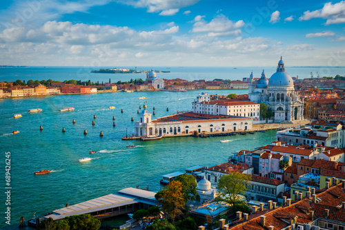 View of Venice lagoon and Santa Maria della Salute church on summer day. Venice, Italy